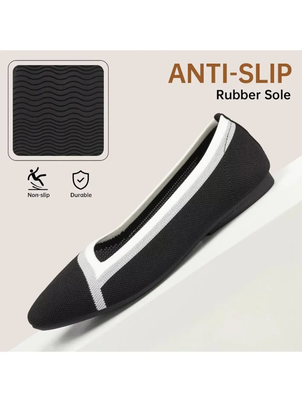 Frank Mully Women's Black Rubber Knitted Square Toe Comfortable Slip On Flats